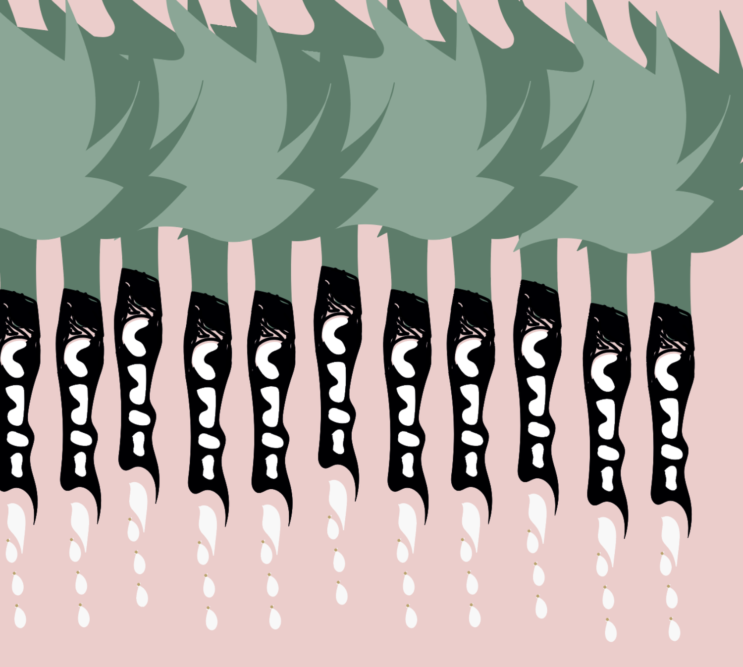 Abstract pattern with green tree shapes at the top, black and white stylized animal faces in the middle, and droplets or tear shapes at the bottom on a pink background.