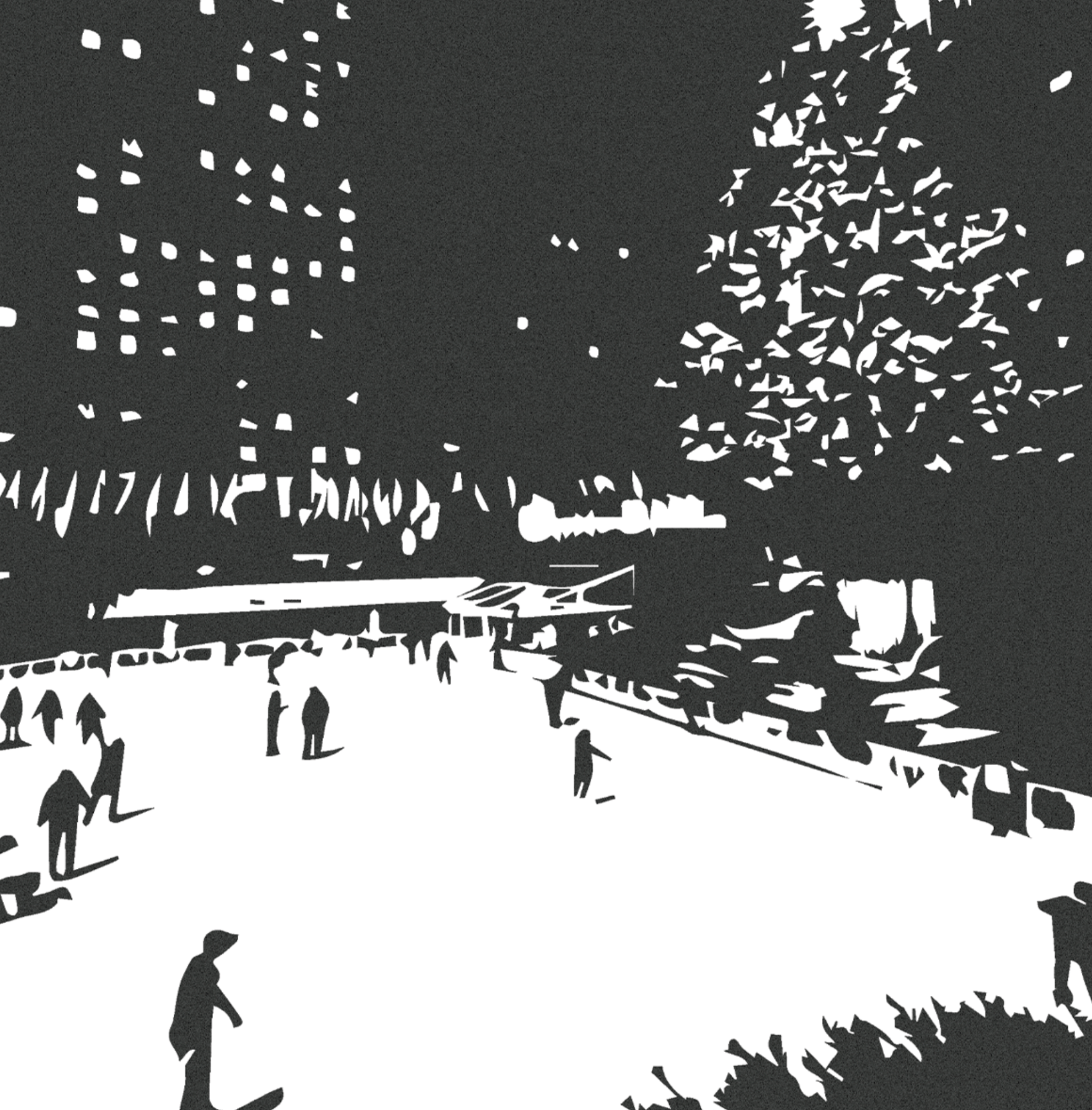 Silhouette of people walking beneath a large tree with dense foliage