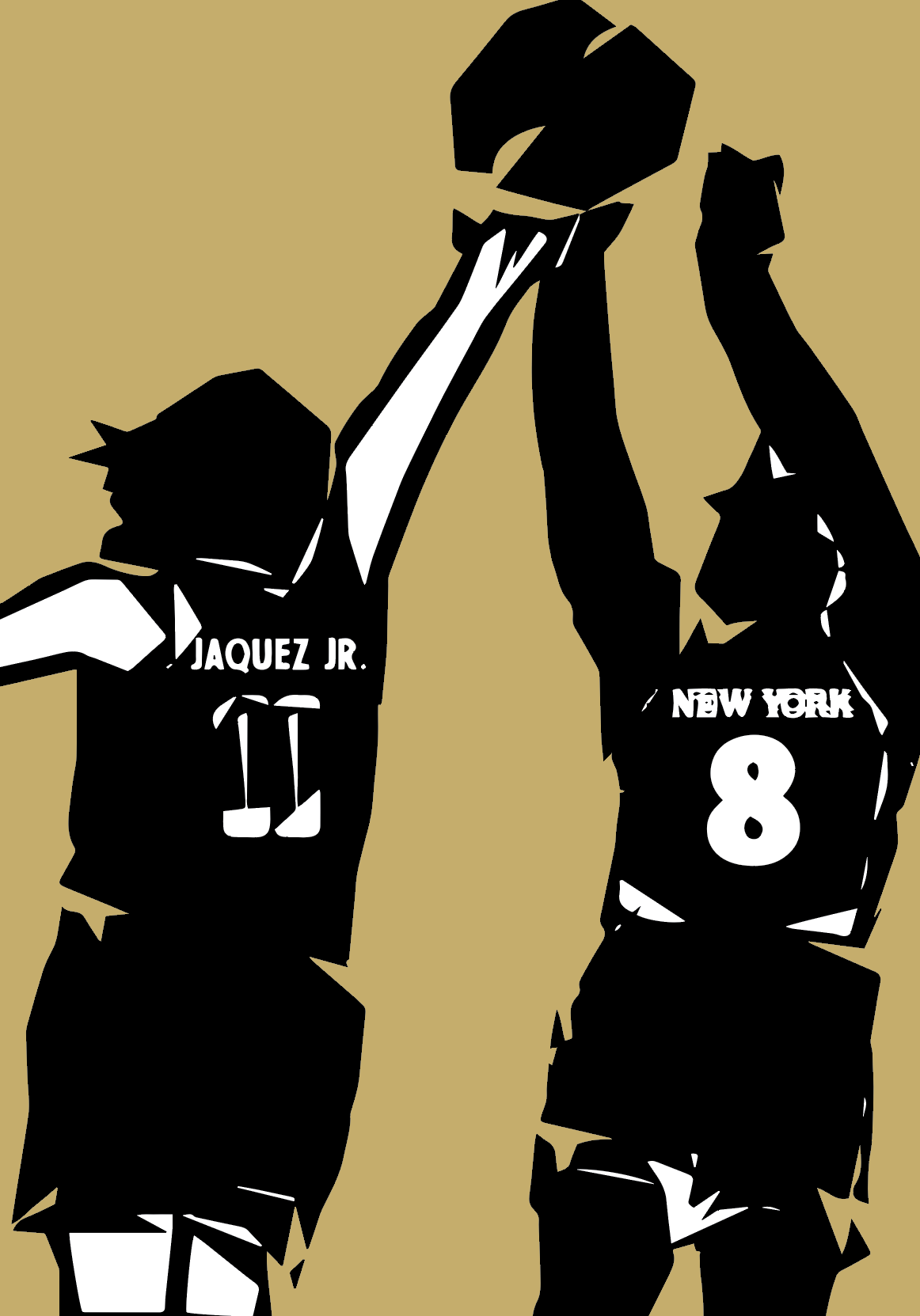 Silhouette of two volleyball players from New York, one wearing jersey number 11 and the other number 8, celebrating with one player holding a trophy.