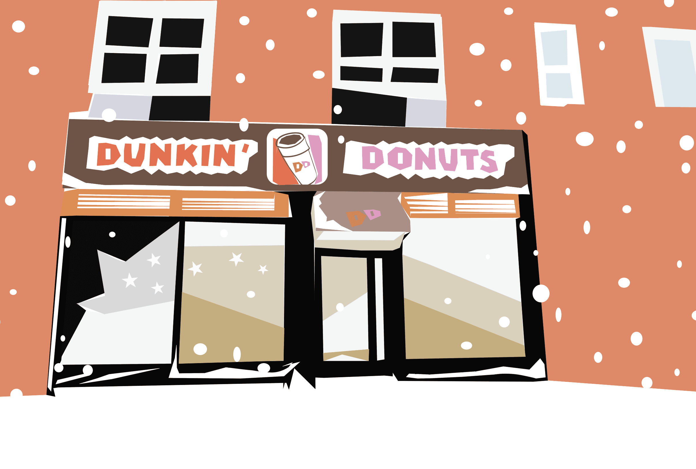 A stylized illustration of a storefront with a sign that reads "Dunkin' Donuts" featuring an image of a coffee cup, set against an orange background with falling snow.