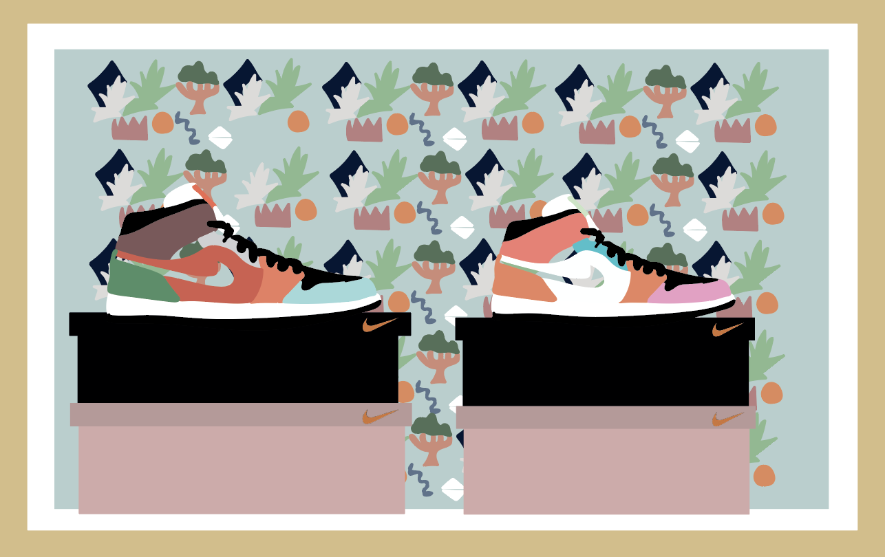 Two pairs of colorful sneakers, one on each shoebox, set against a patterned background with plants and abstract shapes.