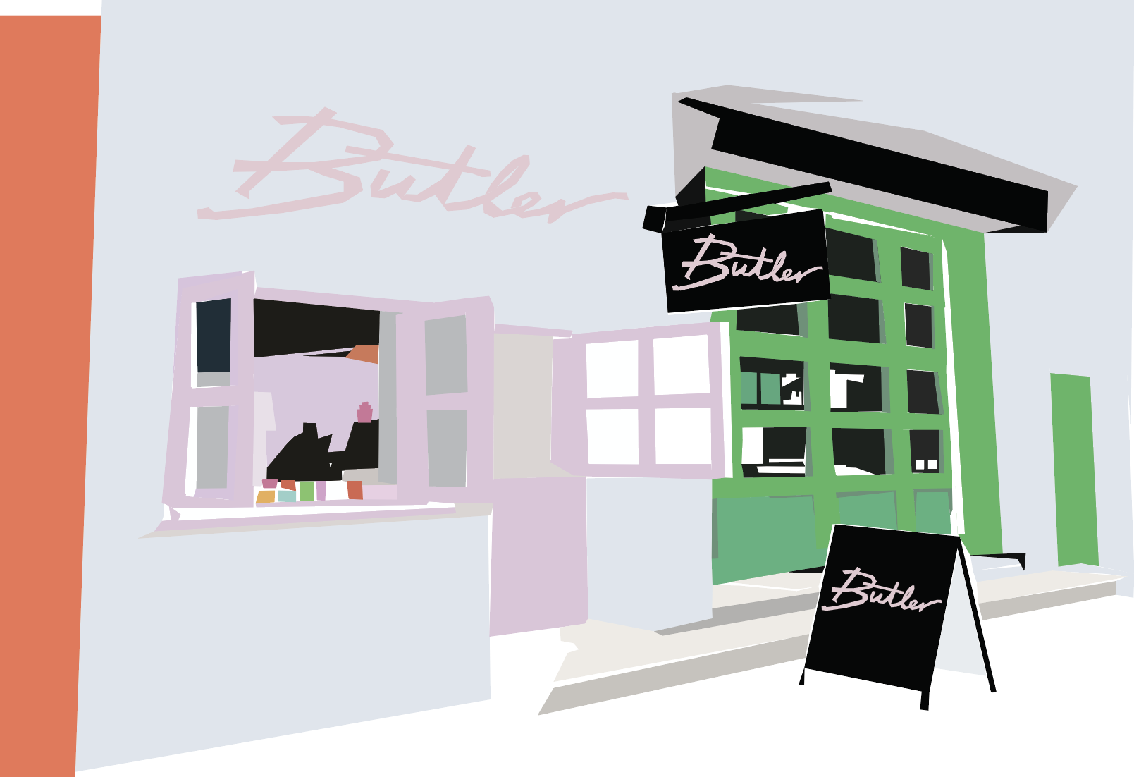 An illustration of a storefront with the word "Butler" on signs and a window displaying a black cash register and books, depicted in pastel colors with a modern, abstract style.