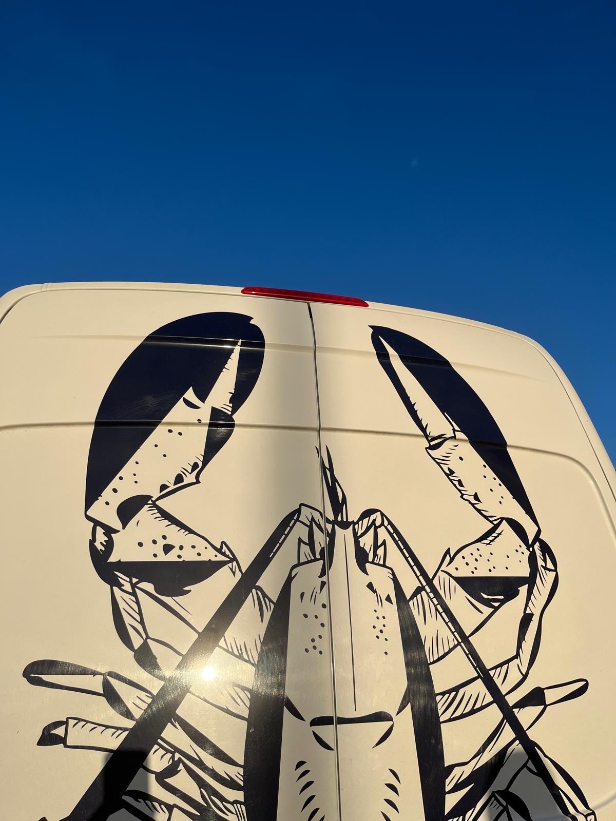 A white van with a black graphic of a hand holding a syringe.
