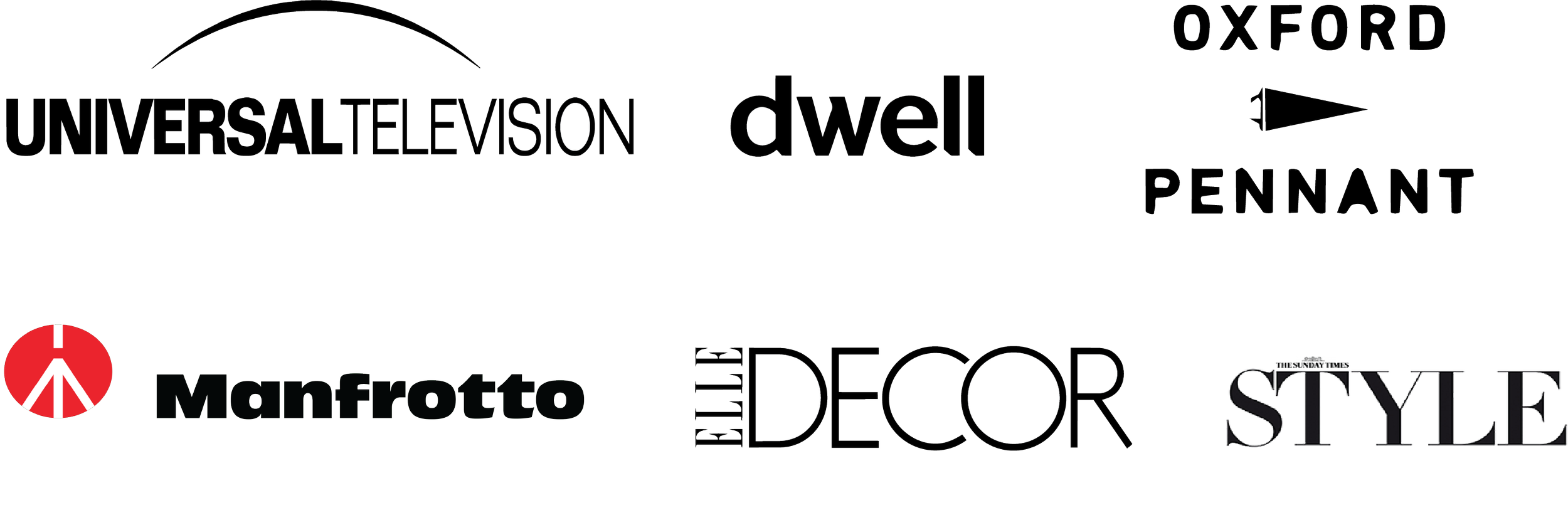 A collage of logos from various brands and publications, including Universal Television, Awell, Oxford, Pennant, Manfrotto, ELLE Decor, Style, and The Sunday Times, along with a red logo featuring a white exclamation point.