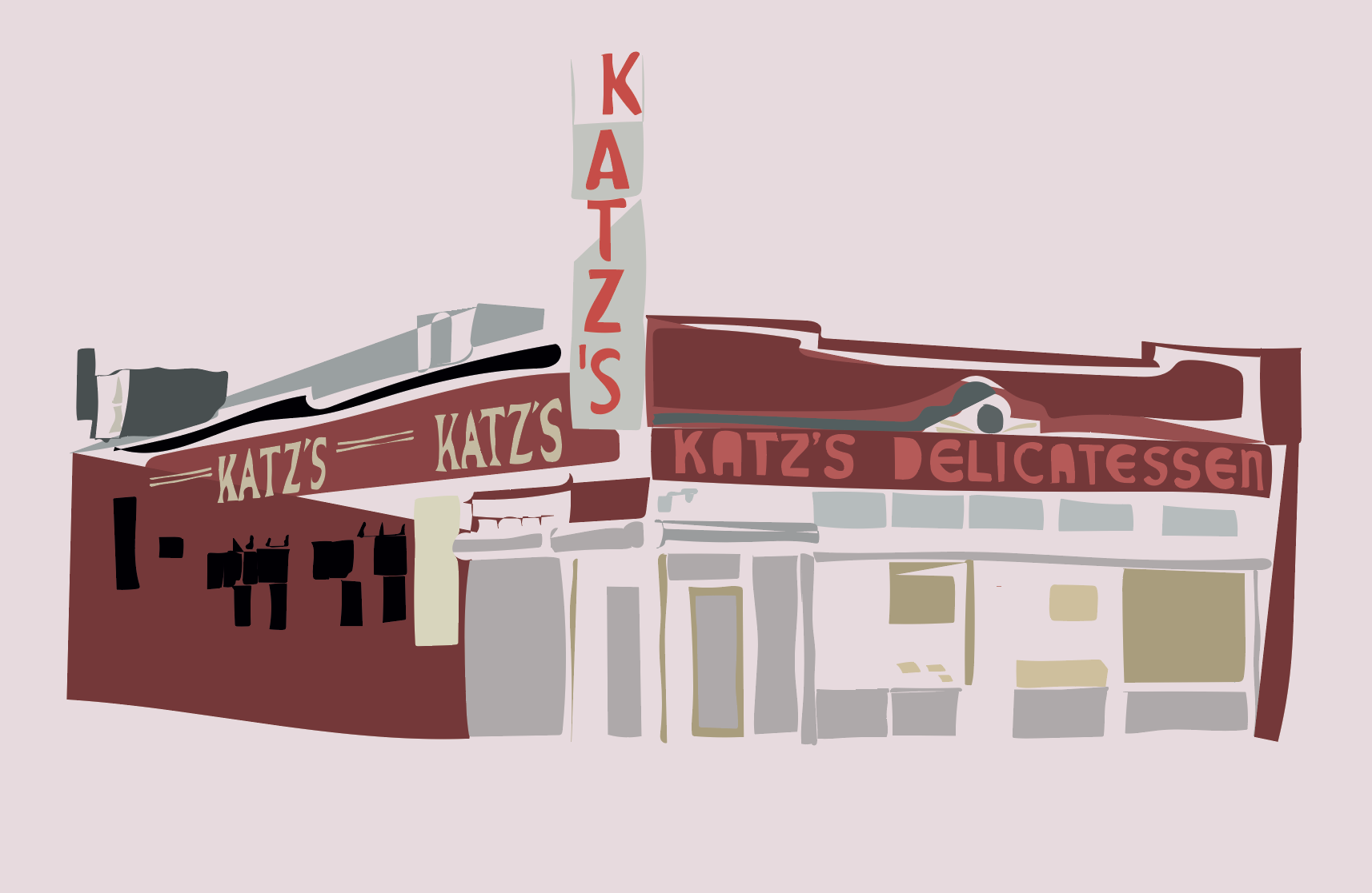 A digital illustration of the storefront of Katz's Delicatessen, featuring a red and beige exterior with the words 'Katz's' and 'Delicatessen' on signs and the iconic vertical sign in the middle spelling 'Katz's'.