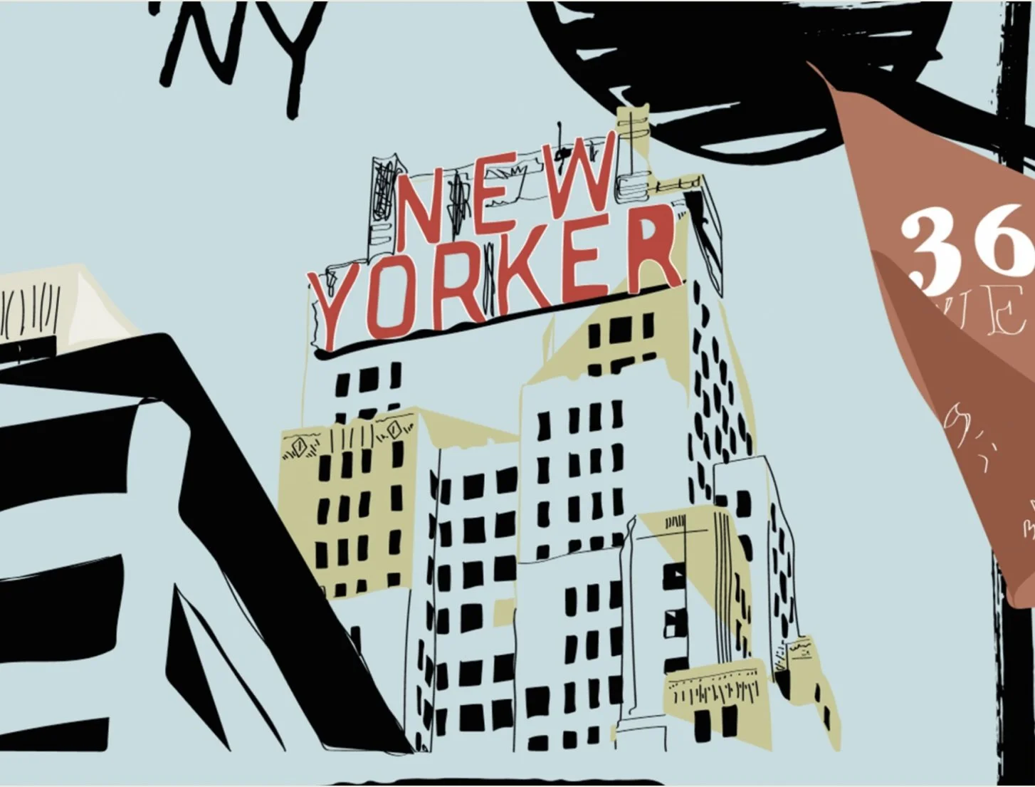 Illustration of the New Yorker building in New York City with the iconic rooftop sign, surrounded by stylized skyscrapers and partial signs.