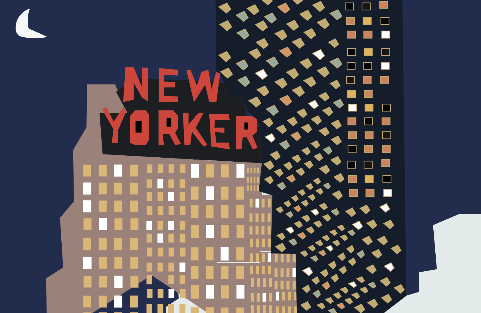 A stylized illustration of a cityscape at night with tall buildings. One building has a large sign that reads 'NEW YORKER' in red letters. A crescent moon is visible in the sky.