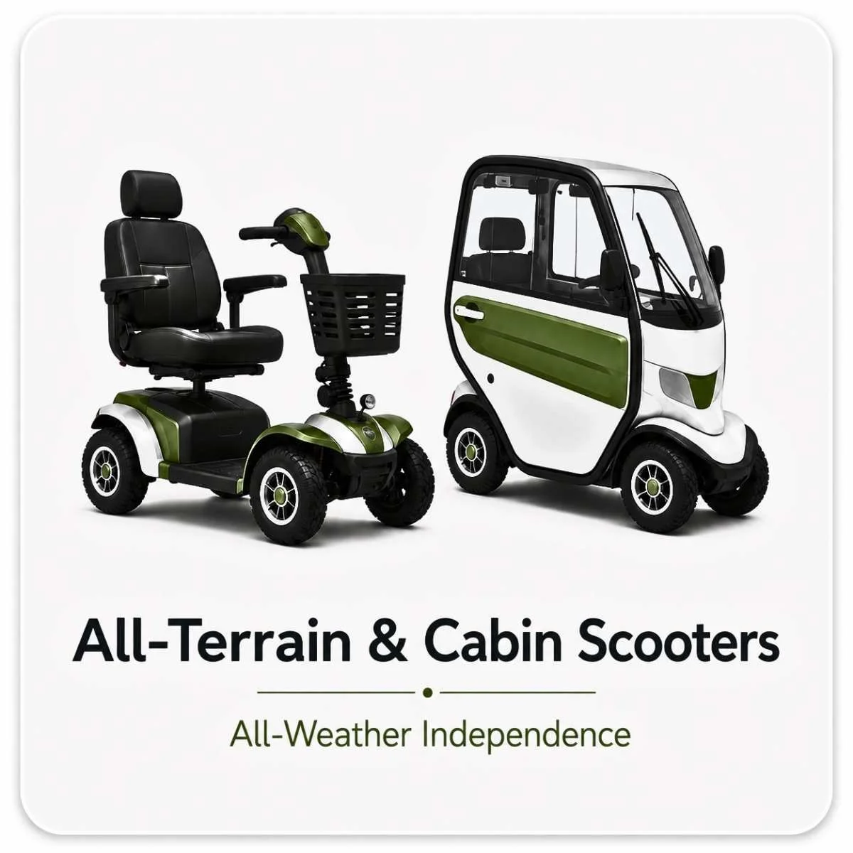 All-terrain and cabin mobility scooters designed for outdoor use, comfort and all-weather independence.