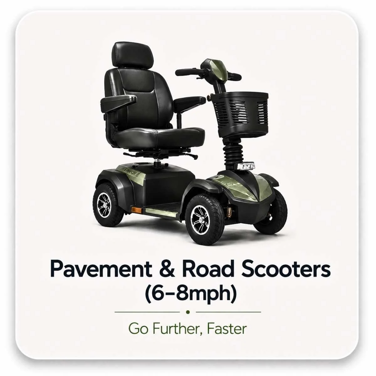 Pavement and road legal mobility scooters designed for longer journeys, comfort and faster travel.