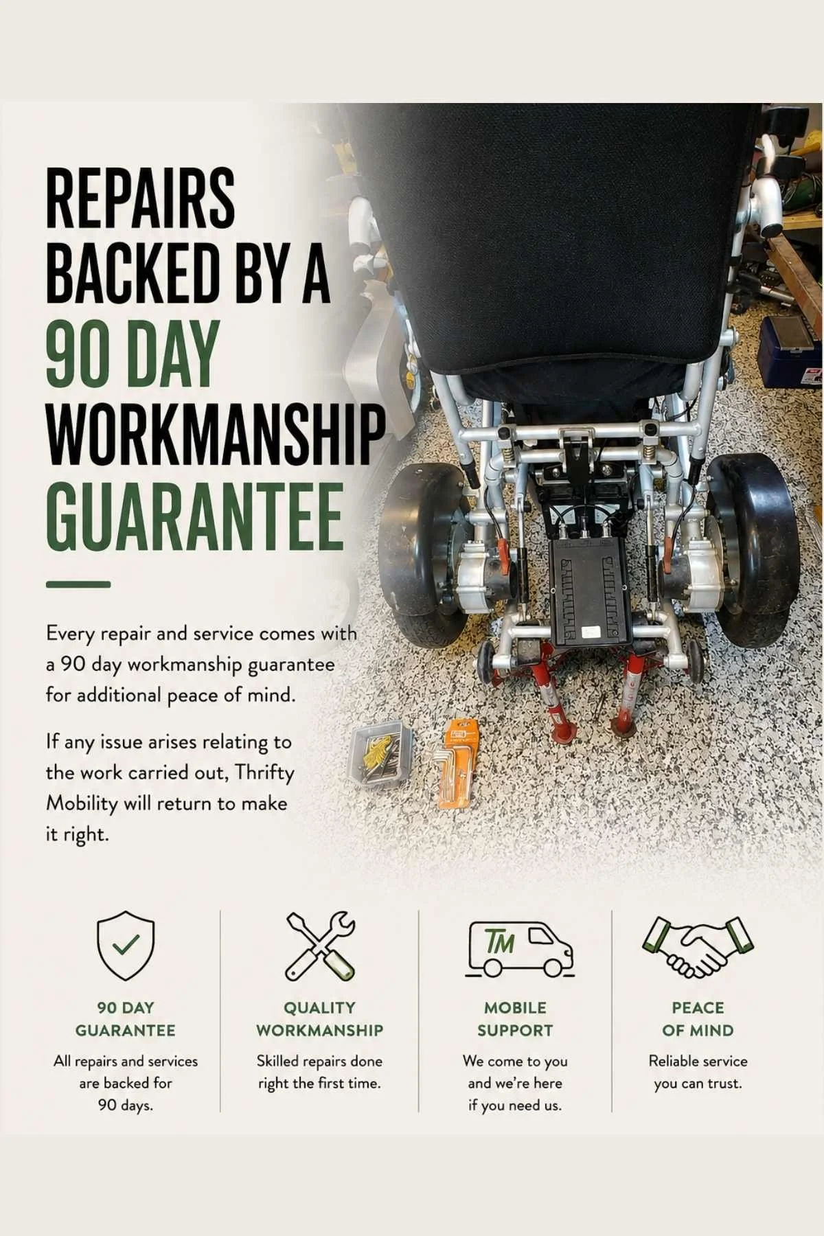 Thrifty Mobility 90 day workmanship guarantee graphic showing mobility scooter and powerchair repairs with trusted local mobile support across Norfolk.