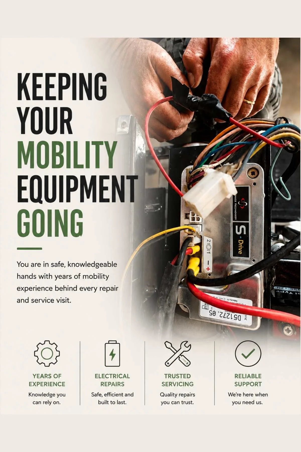 Thrifty Mobility servicing and repair graphic showing electrical mobility scooter repairs and trusted mobility equipment support across Norfolk.