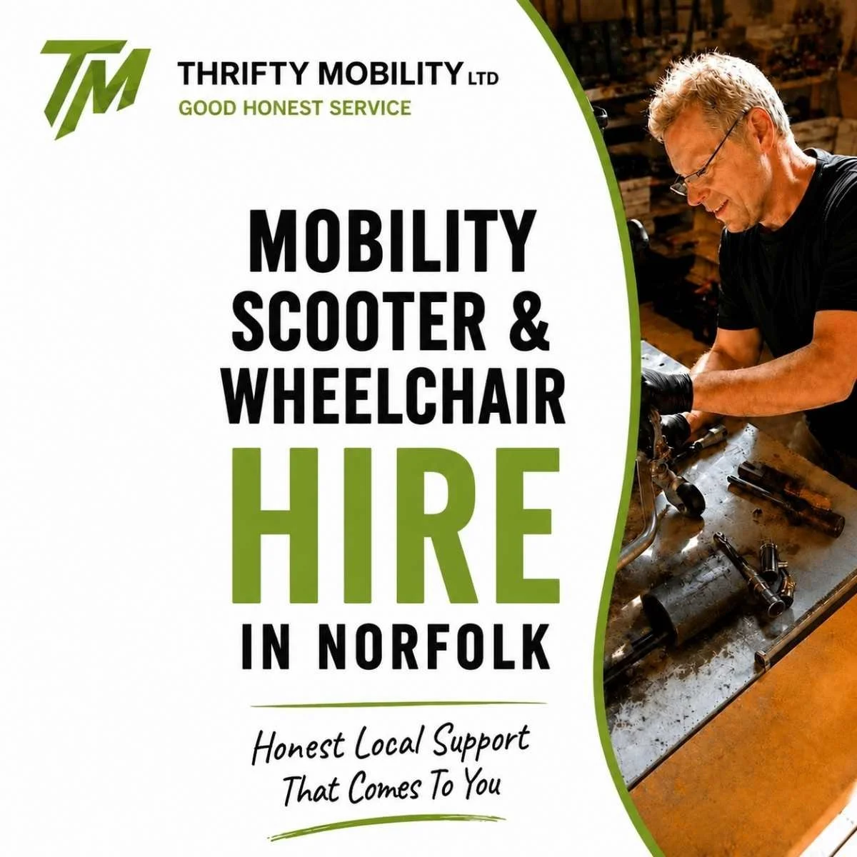 Thrifty Mobility Norfolk mobility scooter repairs graphic with white background, local scooter repair technician, servicing, repairs, sales, hire and Acle Norfolk support branding.