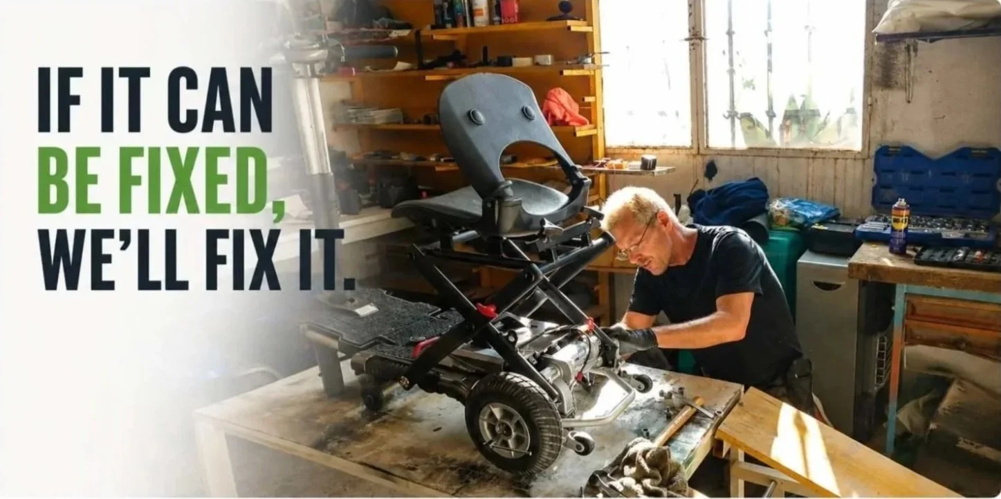 Mobility scooter and powerchair repair workshop by Thrifty Mobility, showing hands-on servicing and repair work carried out by The Scooter Guy across Norfolk with the message “If it can be fixed, we’ll fix it.”