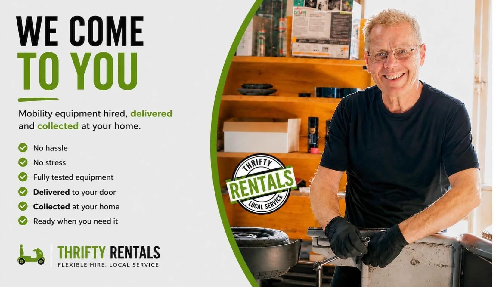Thrifty Rentals technician delivering and collecting mobility scooter and wheelchair hire, with fully tested equipment, local delivery, collection and friendly service across Norfolk.