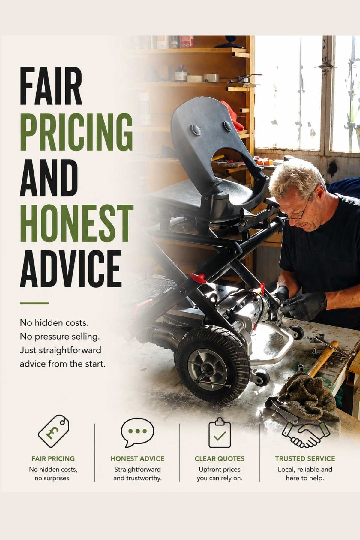 Thrifty Mobility graphic promoting fair pricing and honest advice for mobility scooter and powerchair repairs across Norfolk, featuring workshop repair work and straightforward local support.