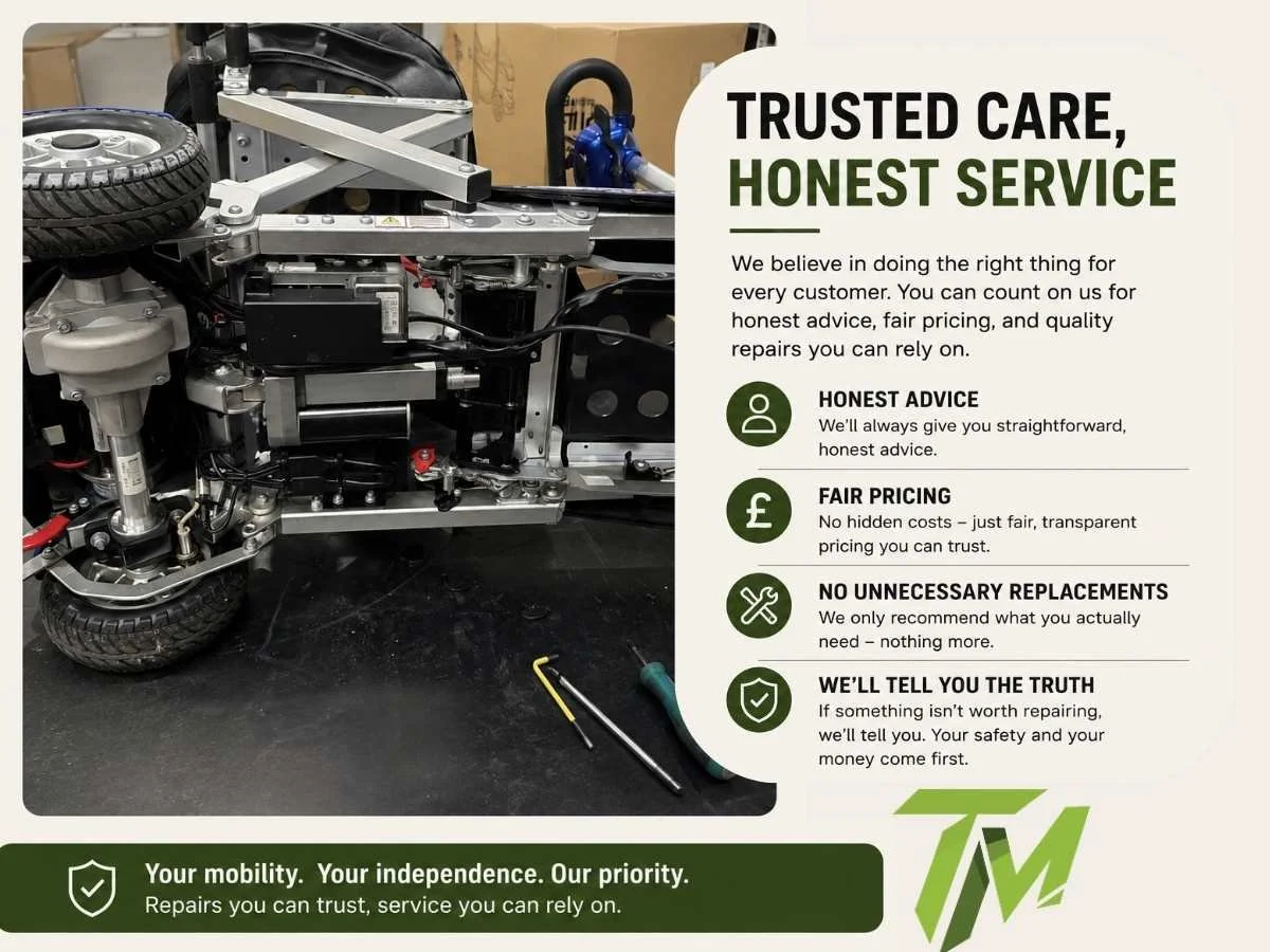 Trusted Care Honest Service graphic for Thrifty Mobility showing mpbility scooter repair workbench, honest advice, fair pricing, and reliable mobility scooter and powerchair repairs