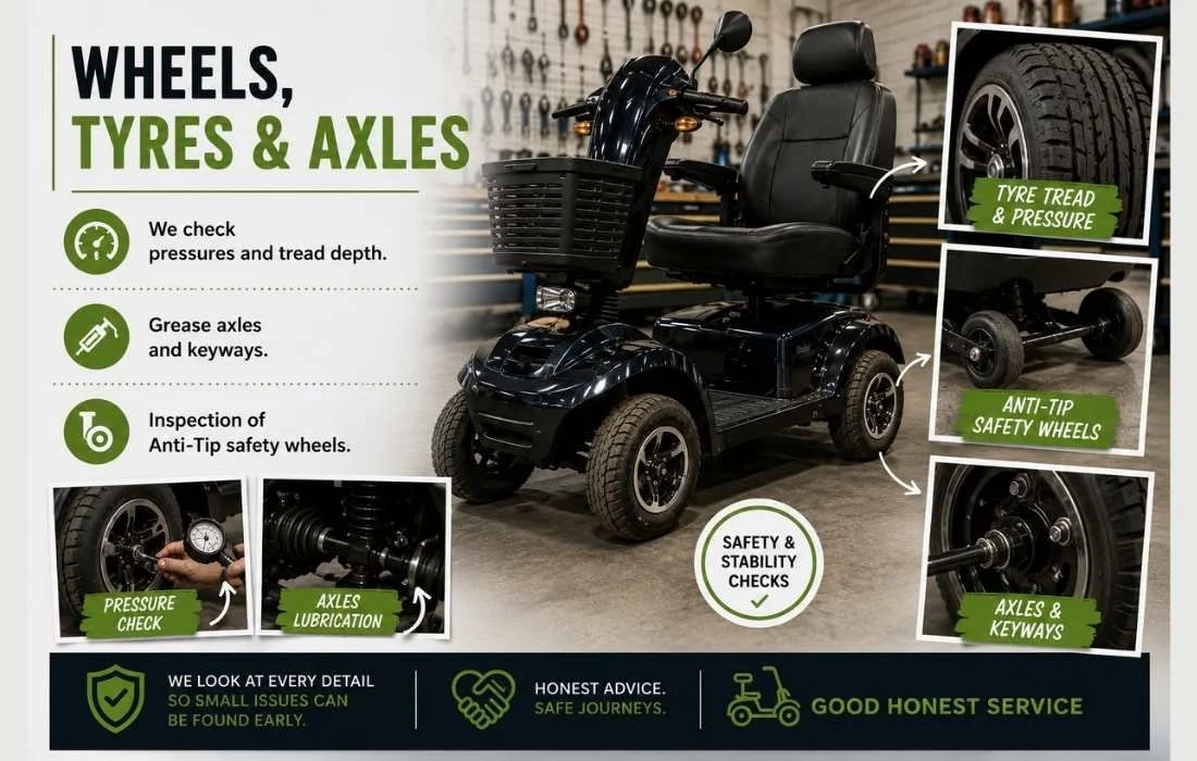 Mobility scooter wheel tyre and axle safety inspection by Thrifty Mobility