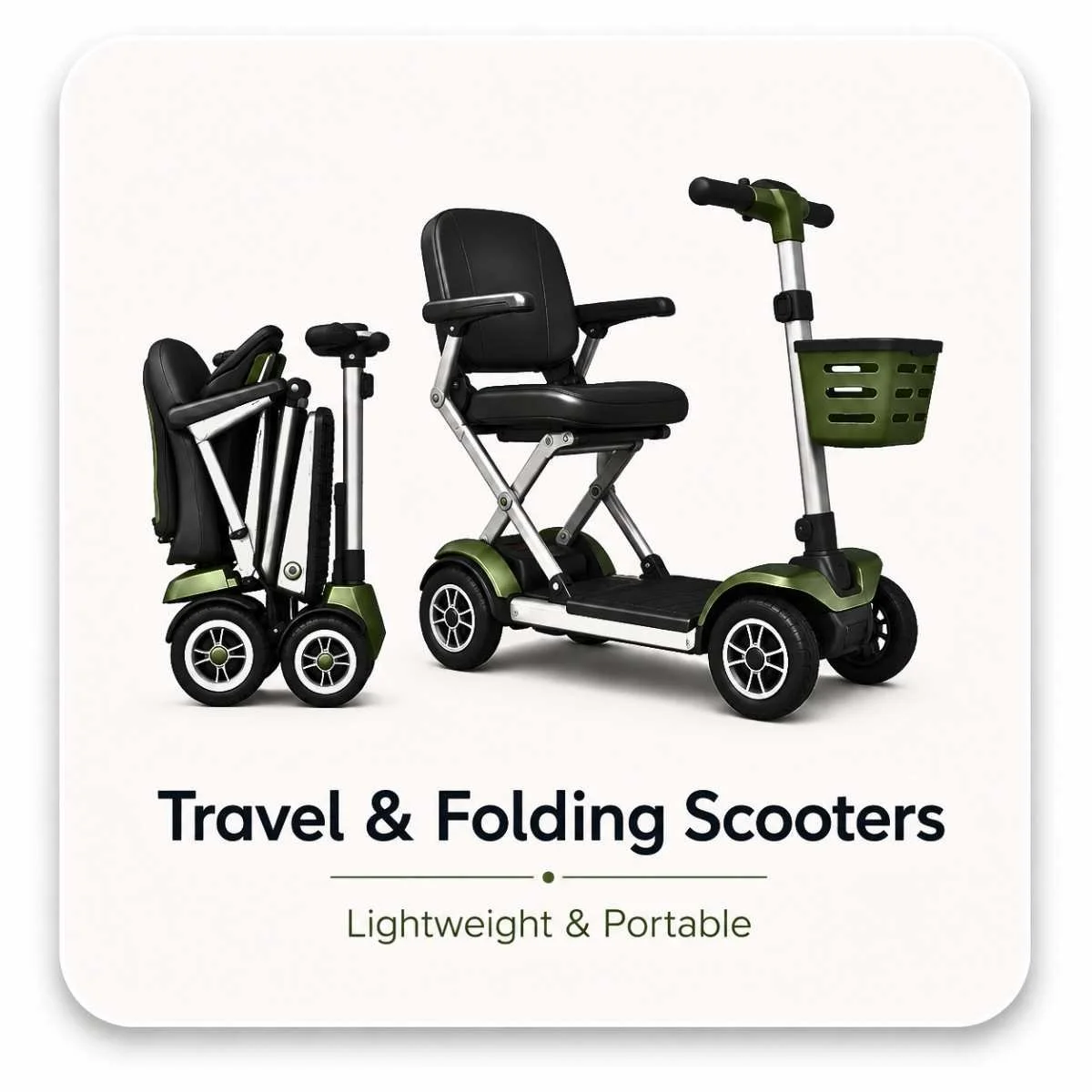 Folding travel mobility scooters designed for portability, car transport and lightweight everyday use.
