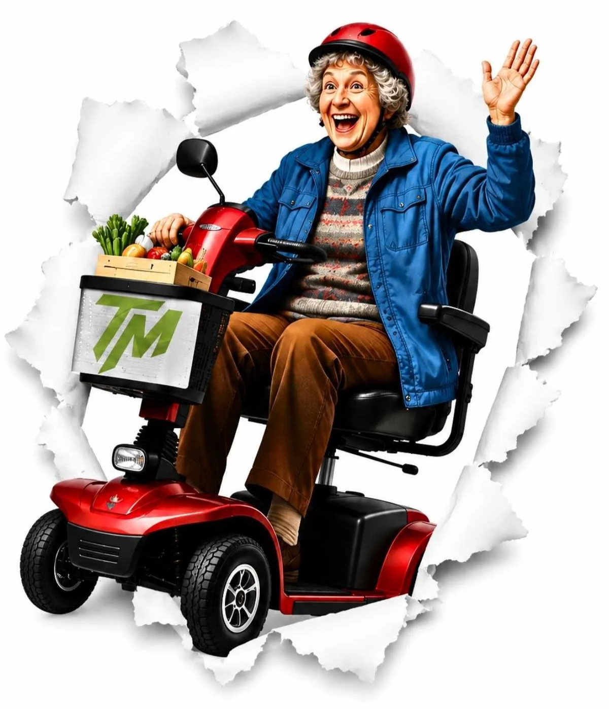 Happy older woman riding a red mobility scooter breaking through torn paper effect for Thrifty Mobility branding and mobility scooter repairs website design.