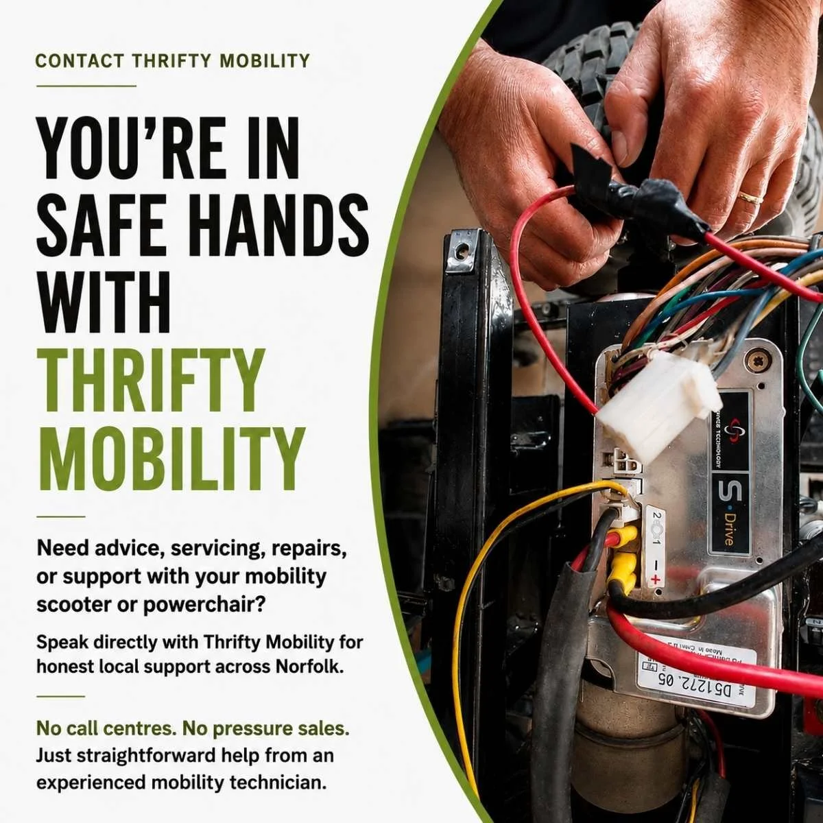 Thrifty Mobility contact page graphic showing mobility scooter repair wiring and the wording “You’re in Safe Hands with Thrifty Mobility” for local mobility scooter and powerchair support across Norfolk.