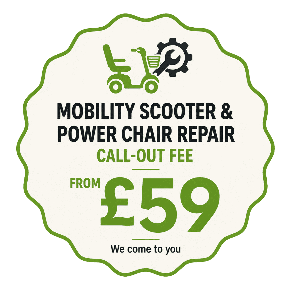 Thrifty Mobility pricing graphic showing mobility scooter and powerchair repair call-out fee in Norfolk from £59 with home visit support.