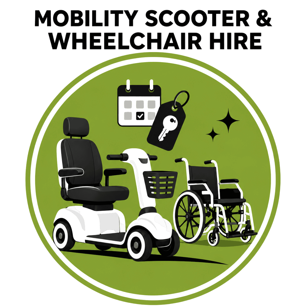 Illustration of a mobility scooter and manual wheelchair available for hire from Thrifty Mobility in Norfolk, with flexible hire periods, delivery and collection.