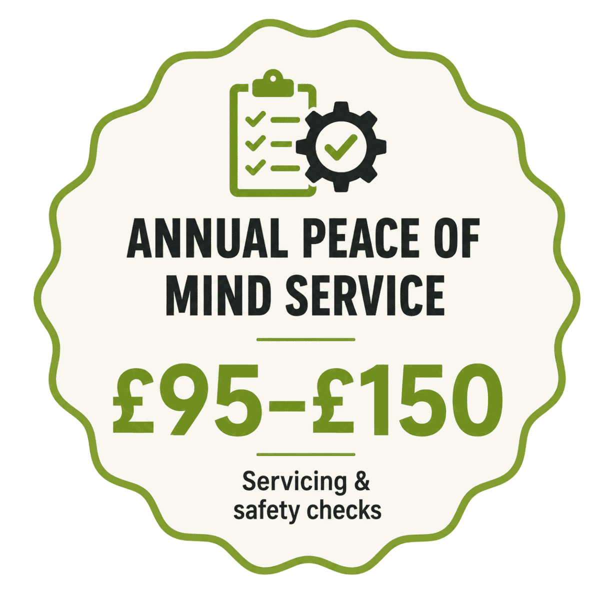 Thrifty Mobility Annual Peace of Mind Service pricing graphic showing mobility scooter and powerchair servicing and safety checks in Norfolk from £95–£150.