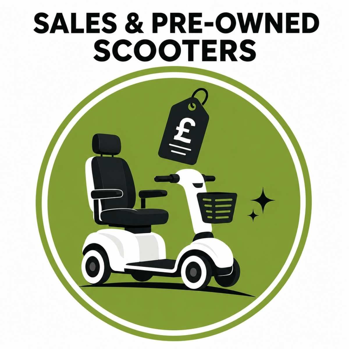 Thrifty Mobility graphic for sales and pre-owned mobility scooters in Norfolk featuring refurbished mobility scooter illustration and pricing tag icon.