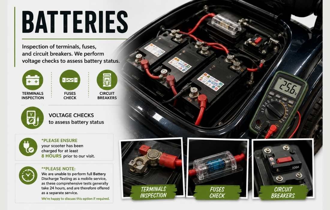 Thrifty Mobility battery inspection and voltage checks during mobility scooter servicing in Norfolk