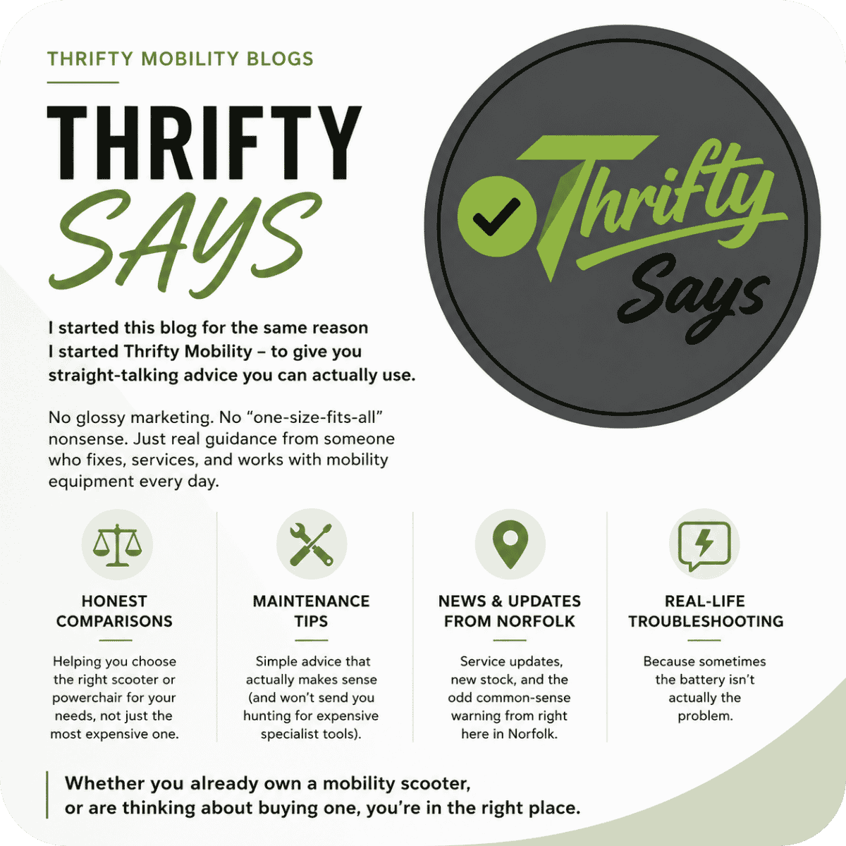 Thrifty Mobility blog graphic titled “Thrifty Says” featuring honest mobility scooter advice, maintenance tips, troubleshooting guidance, and Norfolk mobility support updates.