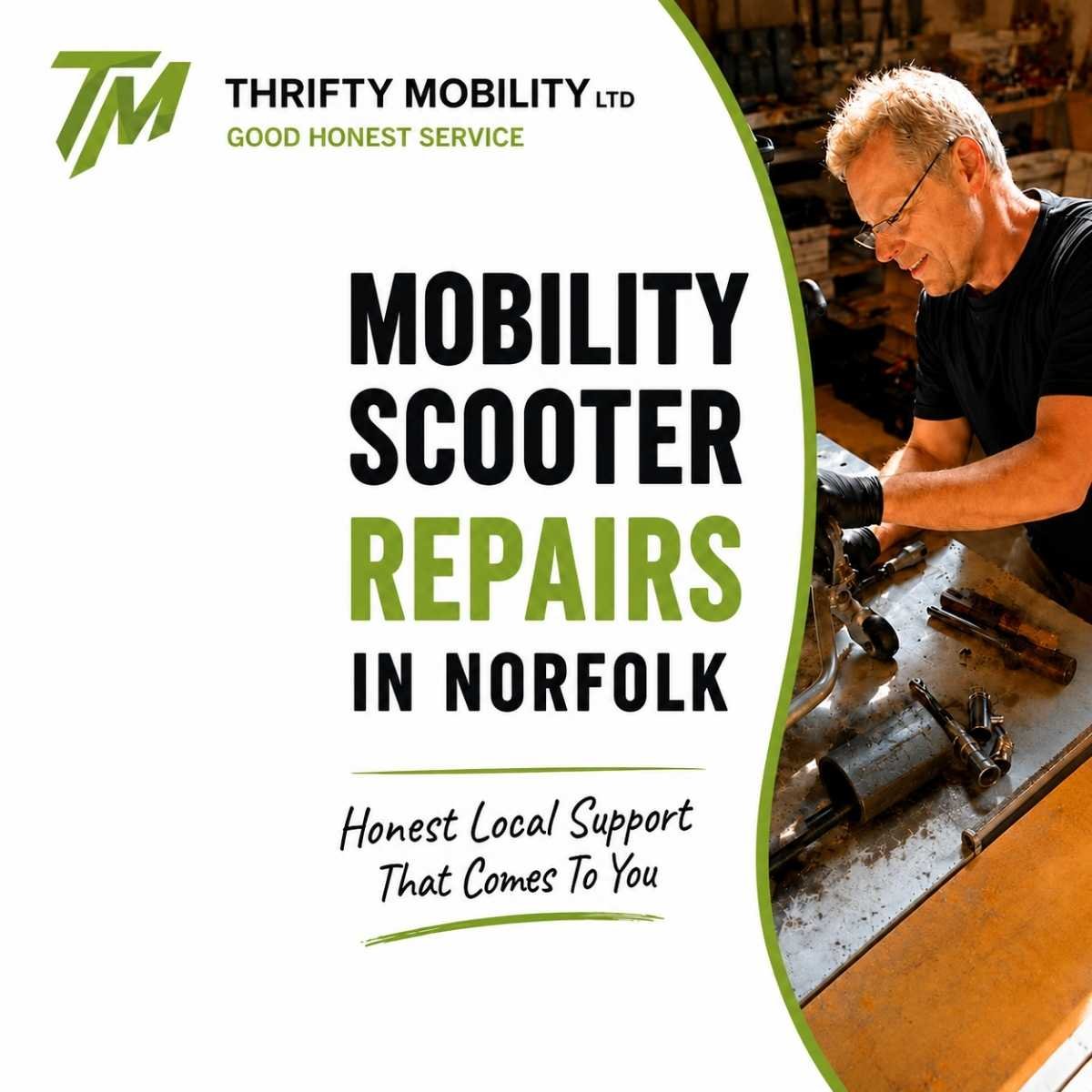 Thrifty Mobility Norfolk mobility scooter repairs graphic with white background, local scooter repair technician, servicing, repairs, sales, and Acle Norfolk support branding.