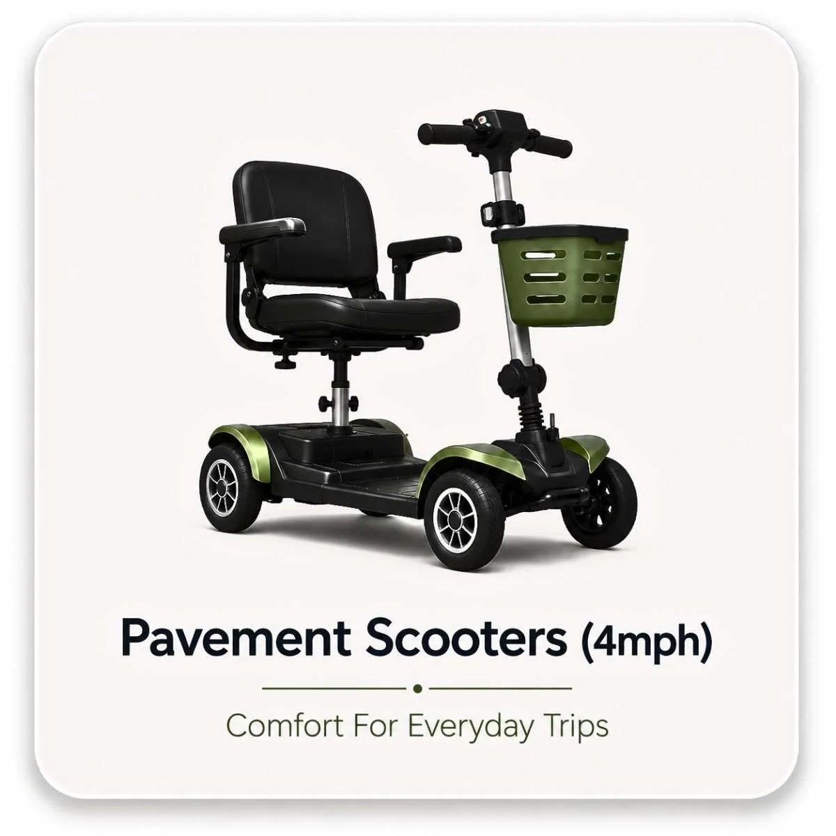 Compact 4mph pavement mobility scooters designed for comfortable everyday local journeys..