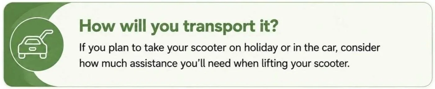 Mobility scooter transport guidance explaining how to choose a scooter suitable for car transport, lifting and holidays.