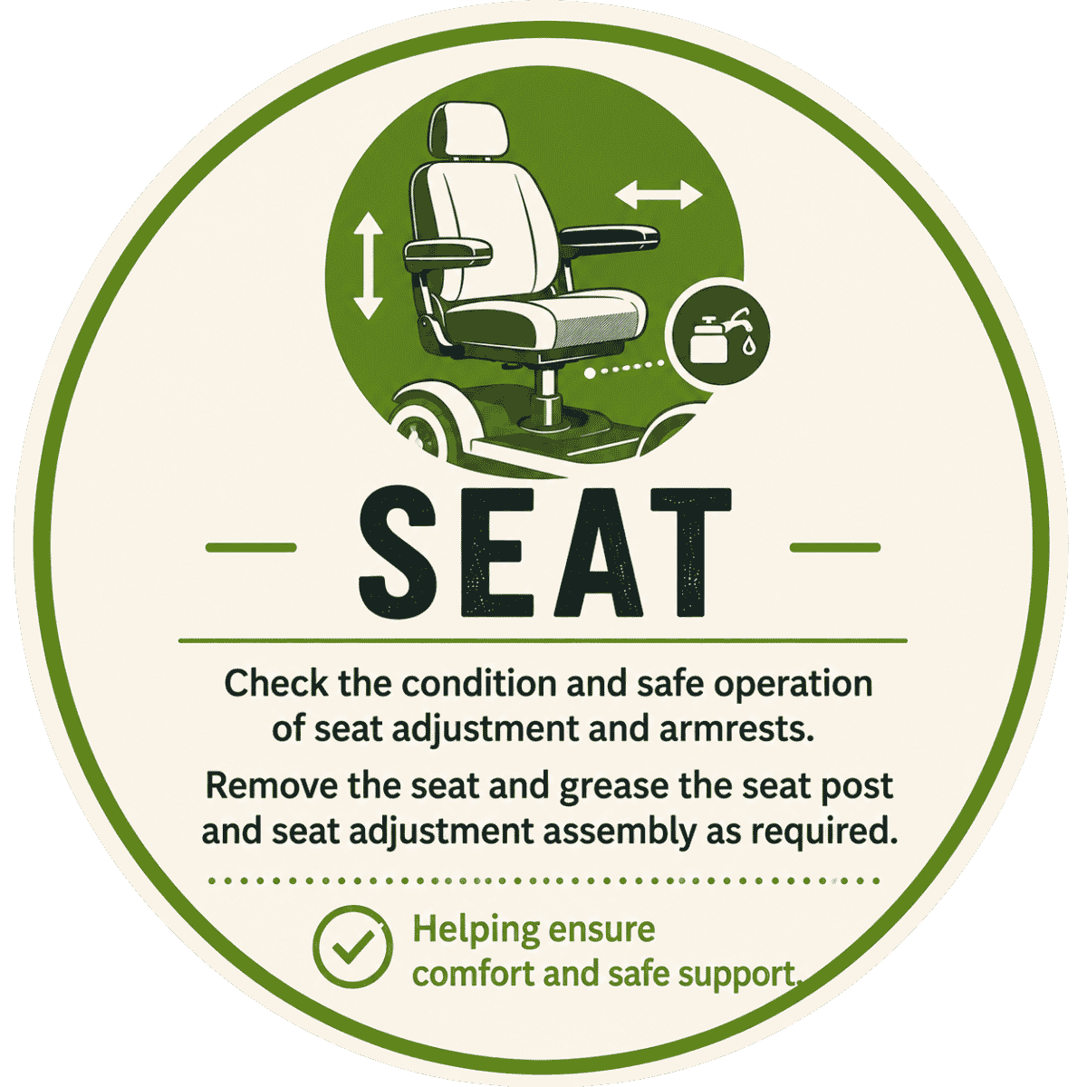 Mobility scooter seat adjustment and armrest safety inspection during servicing