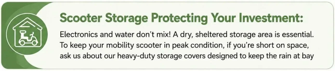 Advice from Thrifty Mobility about safely storing a mobility scooter in a dry sheltered area to protect batteries and electronics from weather damage.