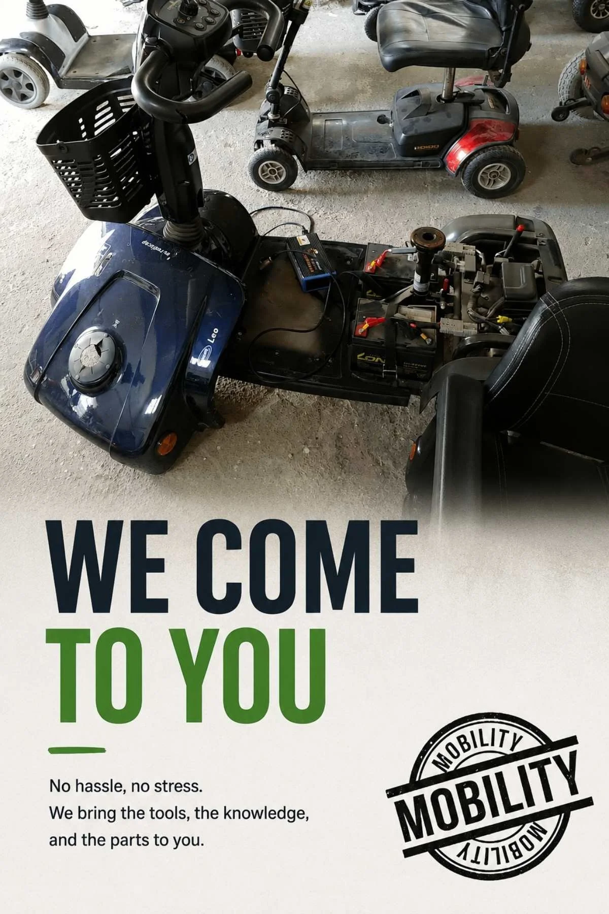 Thrifty Mobility mobile mobility scooter repair service in Norfolk showing on-site scooter repairs and home visit support with the wording “We Come To You”.