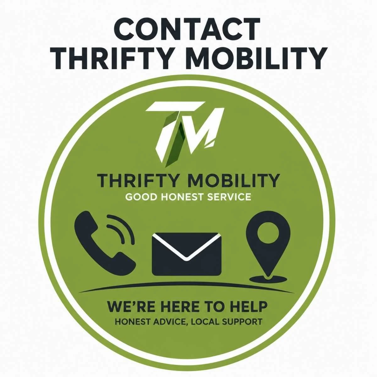 Thrifty Mobility contact graphic showing phone, email and location icons for local mobility scooter and powerchair support across Norfolk.