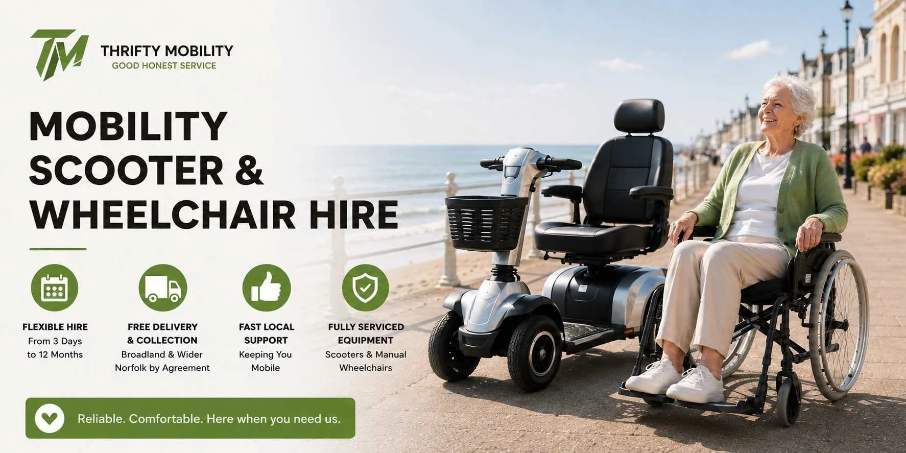 Mobility scooter and manual wheelchair hire from Thrifty Mobility, with flexible hire, free delivery and collection, local support and fully serviced equipment.