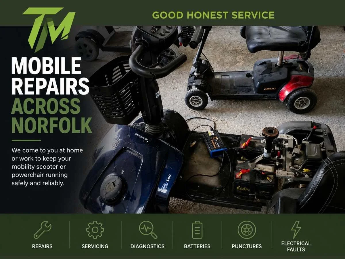 Mobile mobility scooter and powerchair repairs across Norfolk with Thrifty Mobility branding, repair workshop scene, mobility scooters, servicing tools, diagnostics, battery repairs, puncture repairs and electrical fault support.