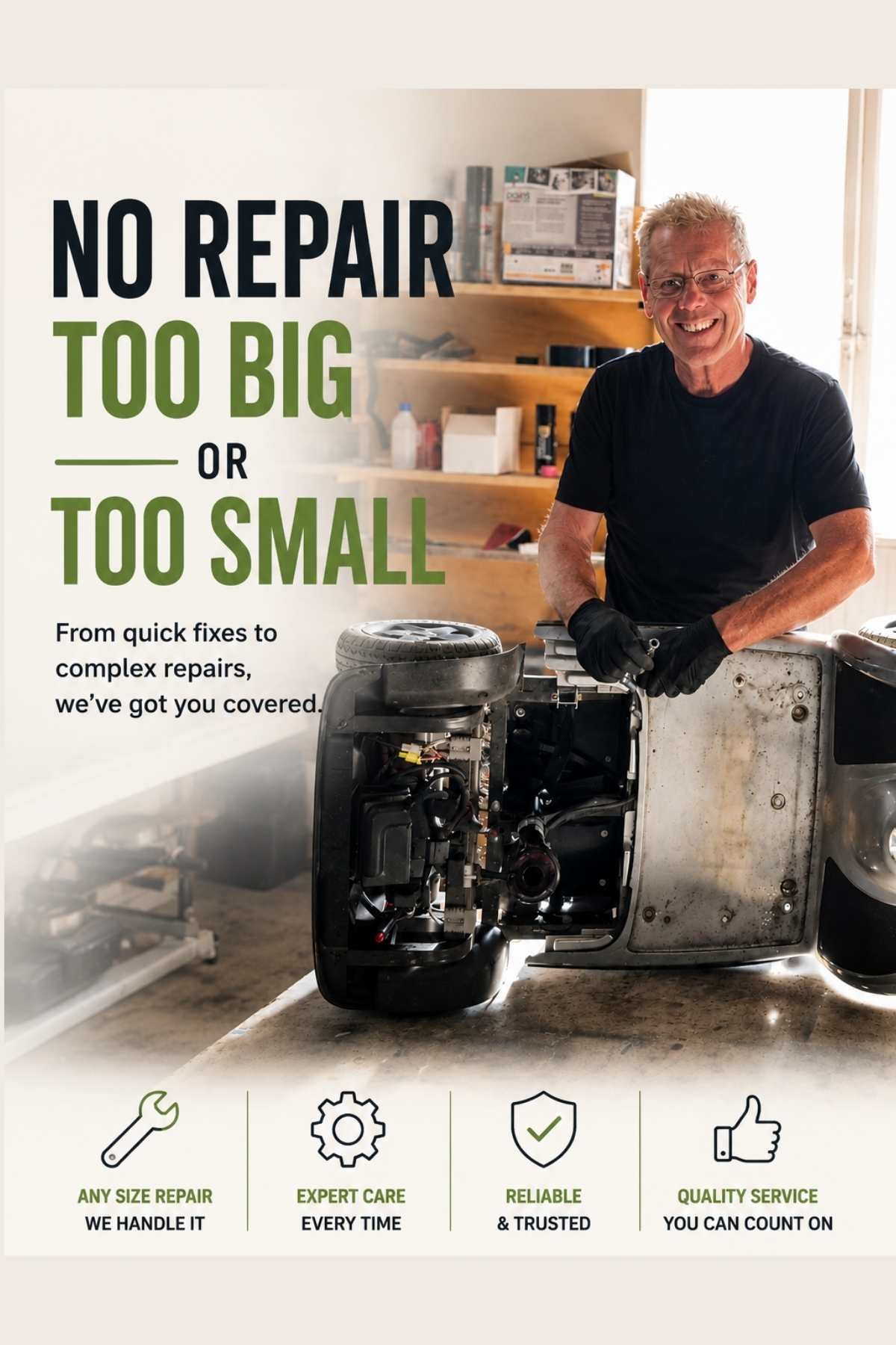Thrifty Mobility repair graphic showing mobility scooter repair and servicing support in Norfolk with the wording “No Repair Too Big or Too Small”.