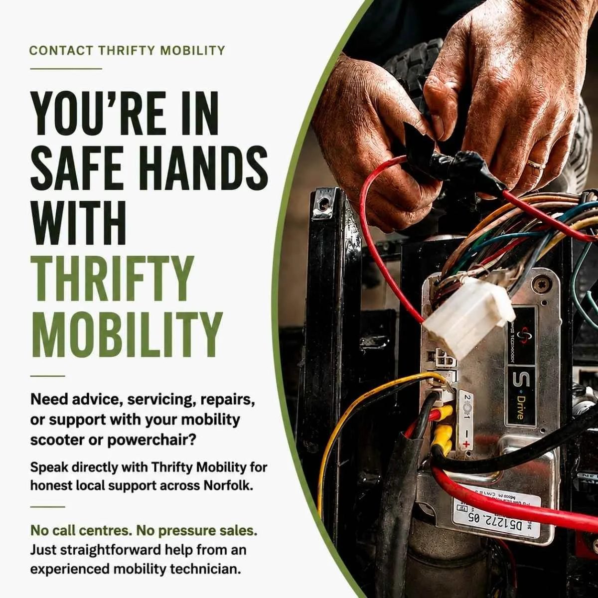 Thrifty Mobility contact page graphic showing mobility scooter repair wiring and the wording “You’re in Safe Hands with Thrifty Mobility” for local mobility scooter and powerchair support across Norfolk.
