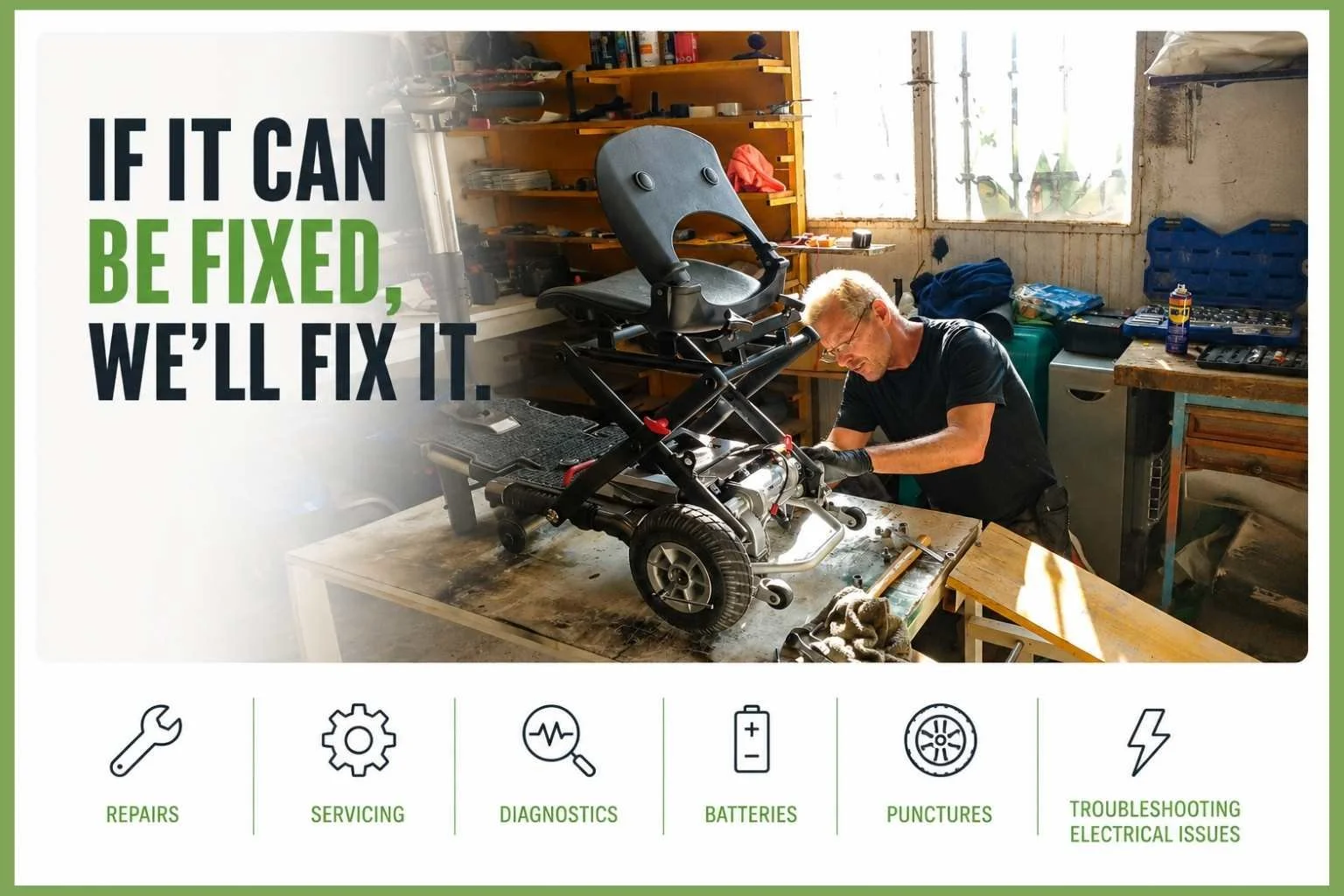 Thrifty Mobility repairs and servicing graphic showing mobility scooter diagnostics, battery support, puncture repairs and electrical troubleshooting across Norfolk.