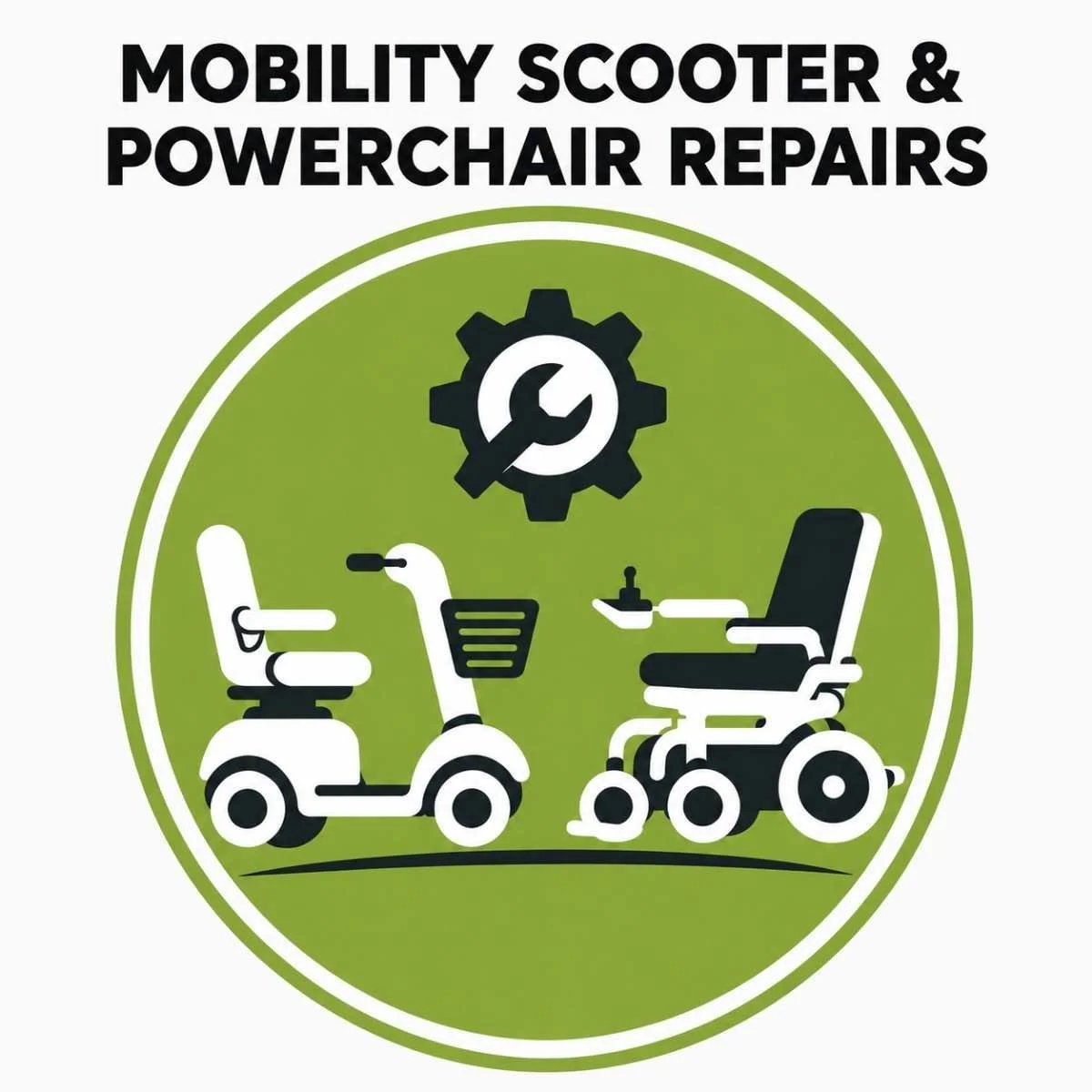 Thrifty Mobility graphic showing mobility scooter and powerchair repairs in Norfolk with scooter and electric wheelchair illustration and repair icon.