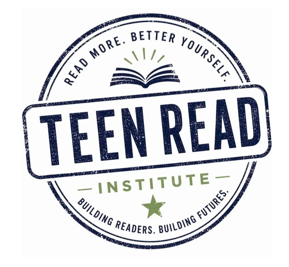 A circular emblem with the text 'TEEN READ INSTITUTE' in the center. It includes the phrases 'Read More. Better Yourself.' at the top, and 'Building Readers. Building Futures.' at the bottom, with a star in the lower part and an open book icon at the top.