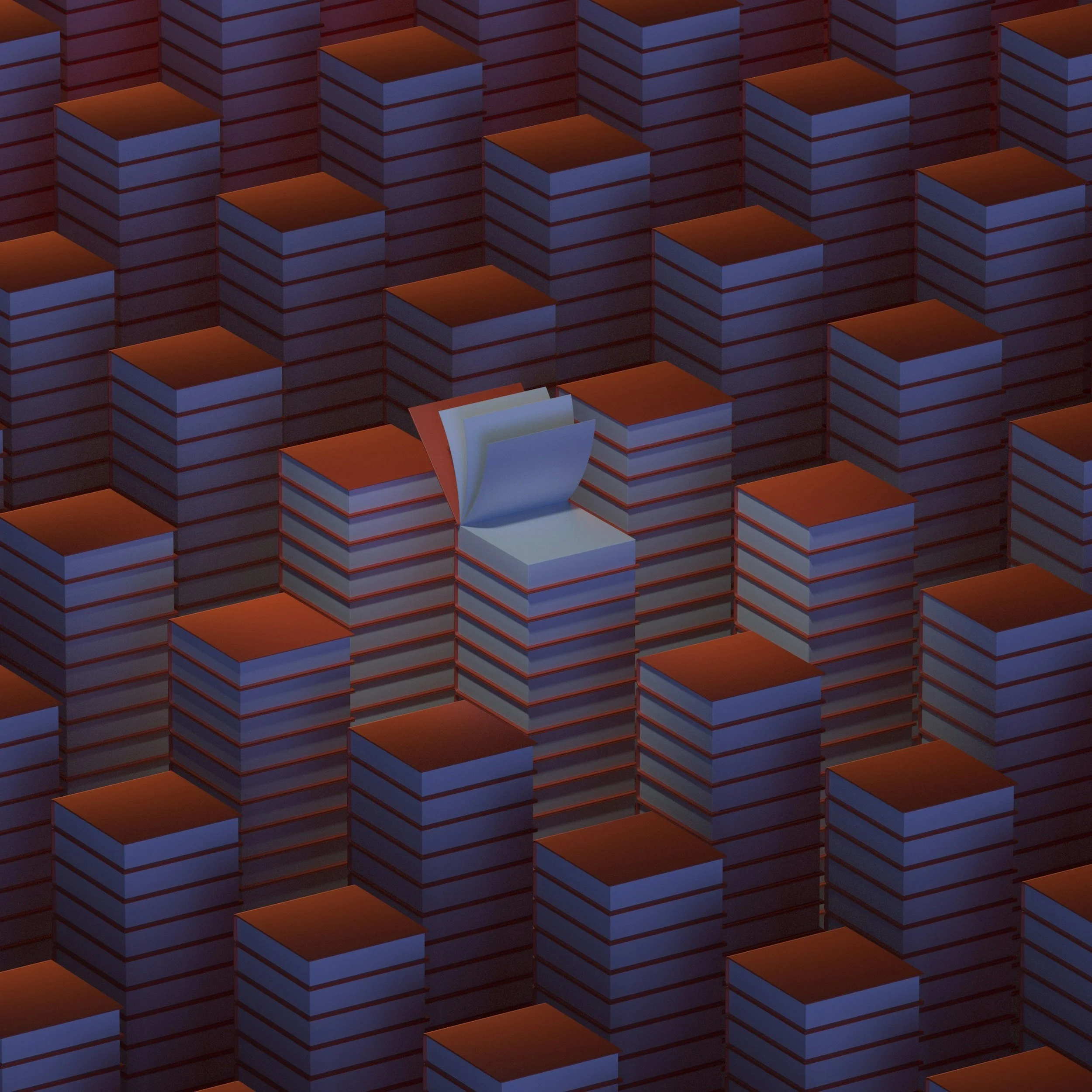 A pattern of stacked boxes with orange tops and dark blue sides, arranged in a repeating, geometric pattern with a slight 3D effect.