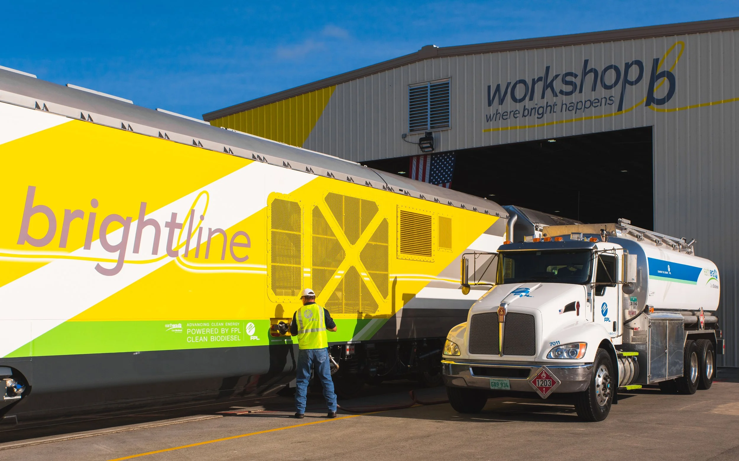An operator fuels a Brightline locomotive from a Florida Power & Light Co. (FPL) clean biodiesel tanker truck outside the "Workshop b" maintenance facility, Wednesday, June 28, 2017, in West Palm Beach, Florida. Under a two-year partnership, FPL supp