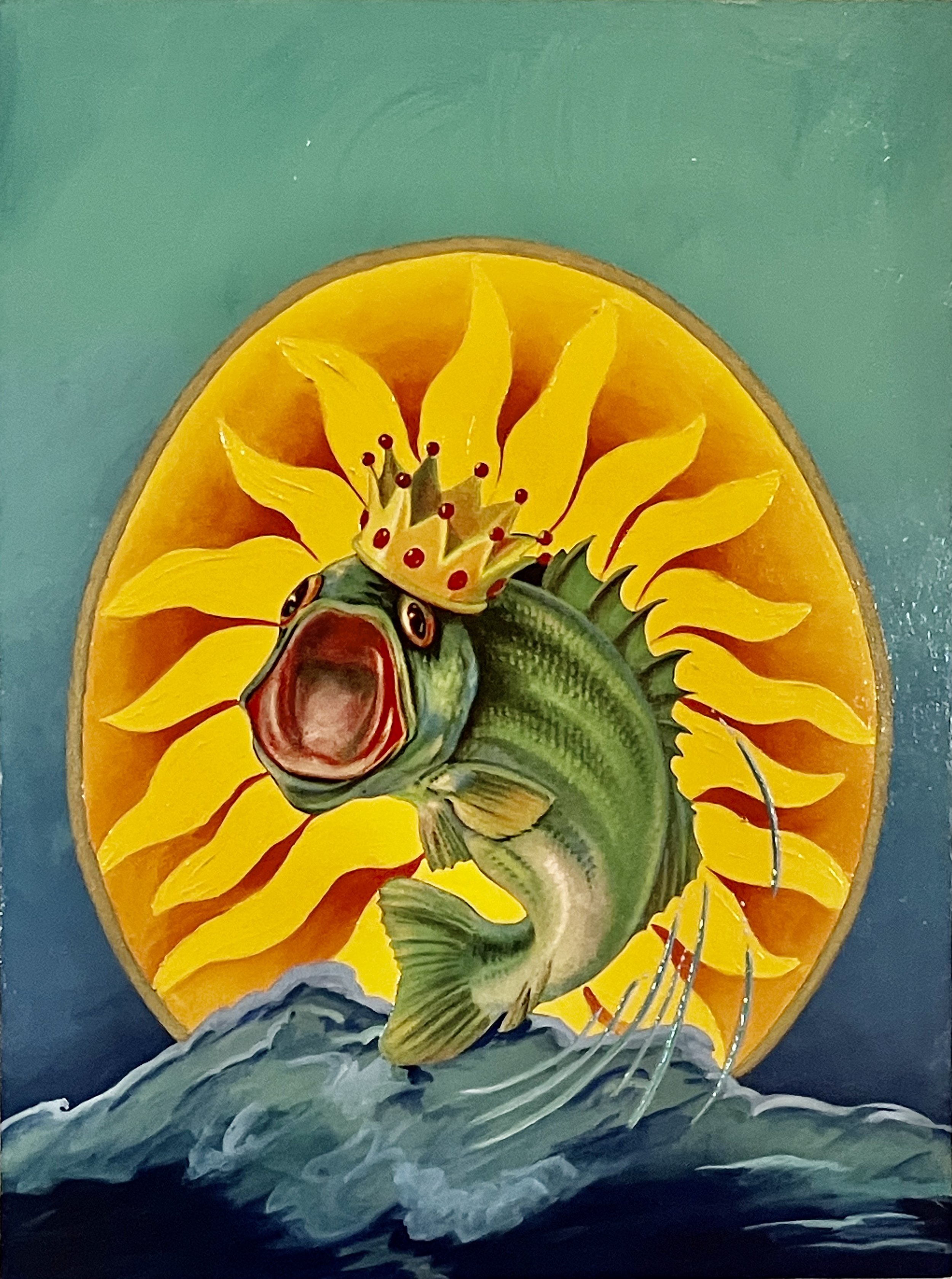 A painting depicting a stylized fish emerging from ocean waves, with a vibrant yellow sunset or celestial sphere in the background.