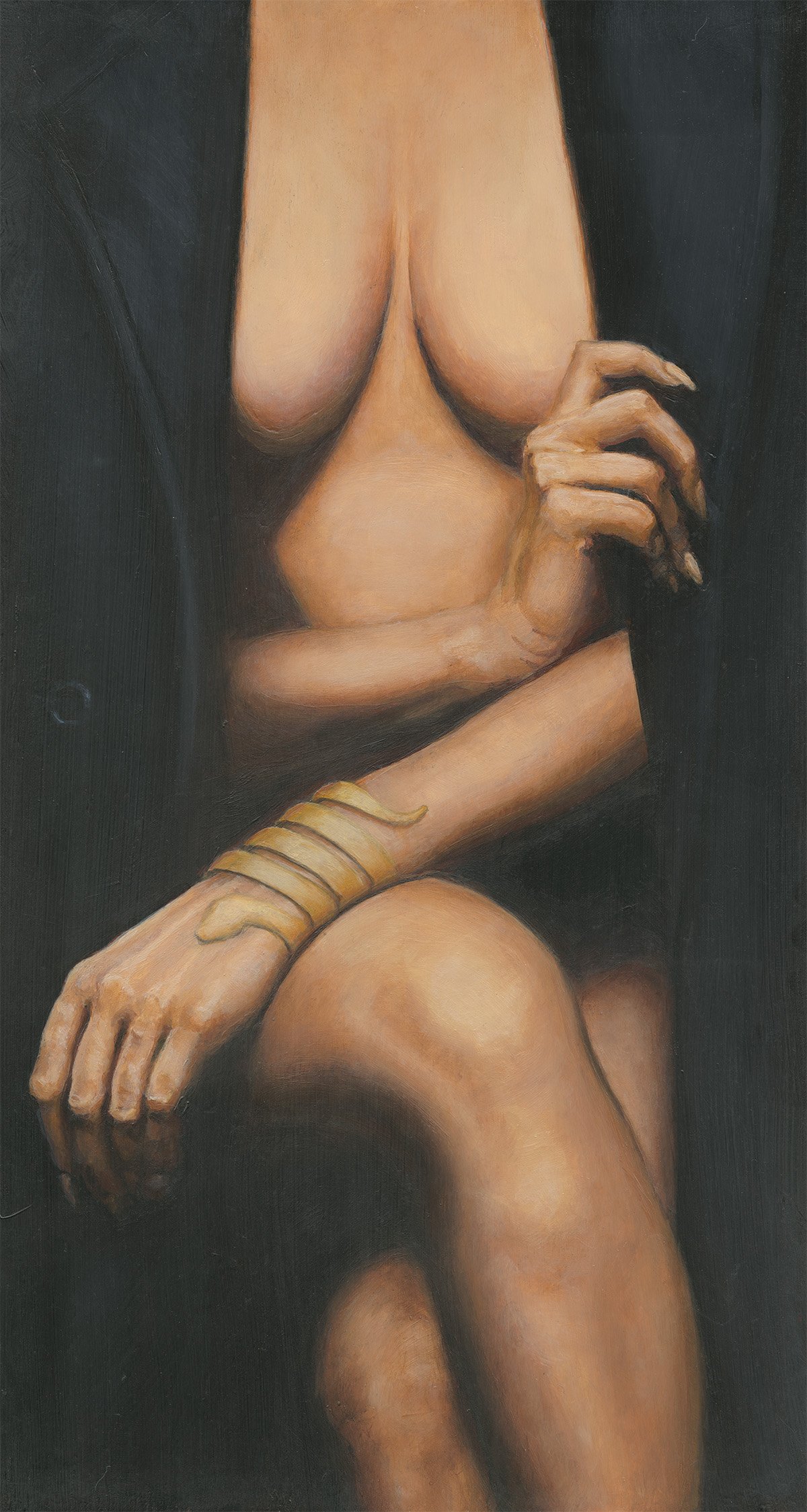 Close-up of a painting depicting a topless woman with gold bracelets on her arm, against a dark background.