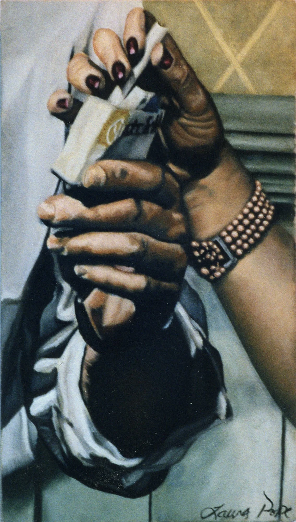 A hand clutching a pack of cigarettes, wearing a studded bracelet, and a brown leather wristband. The photo appears to be artistically stylized with a focus on details of the hand and accessories. The signature 'Laura Park' is visible at the bottom right.