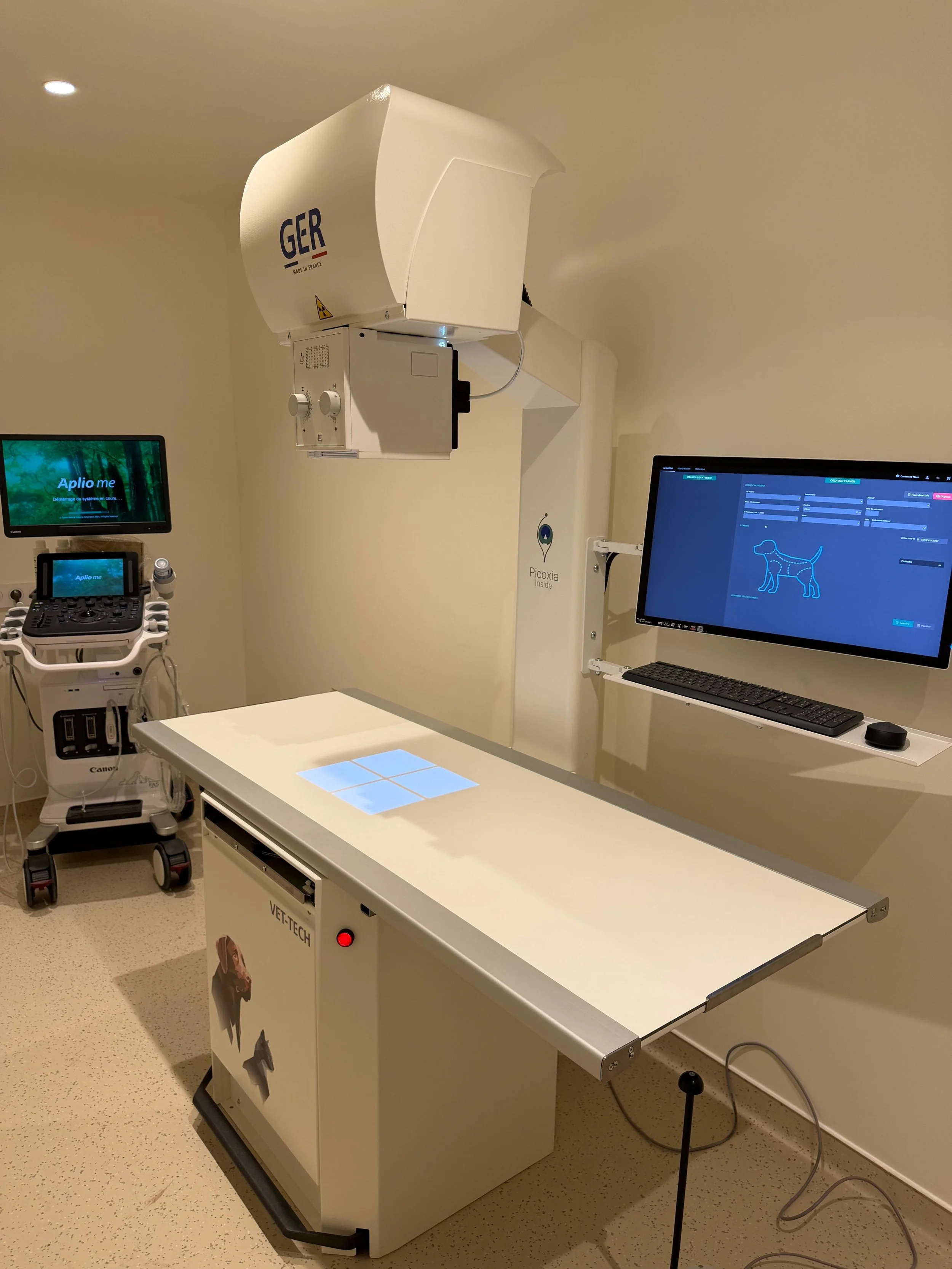 Salle de radiologie avec un scanner médical, un moniteur d'ordinateur affichant un tracé pour un animal, et une unité de contrôle pour les examens vétérinaires.